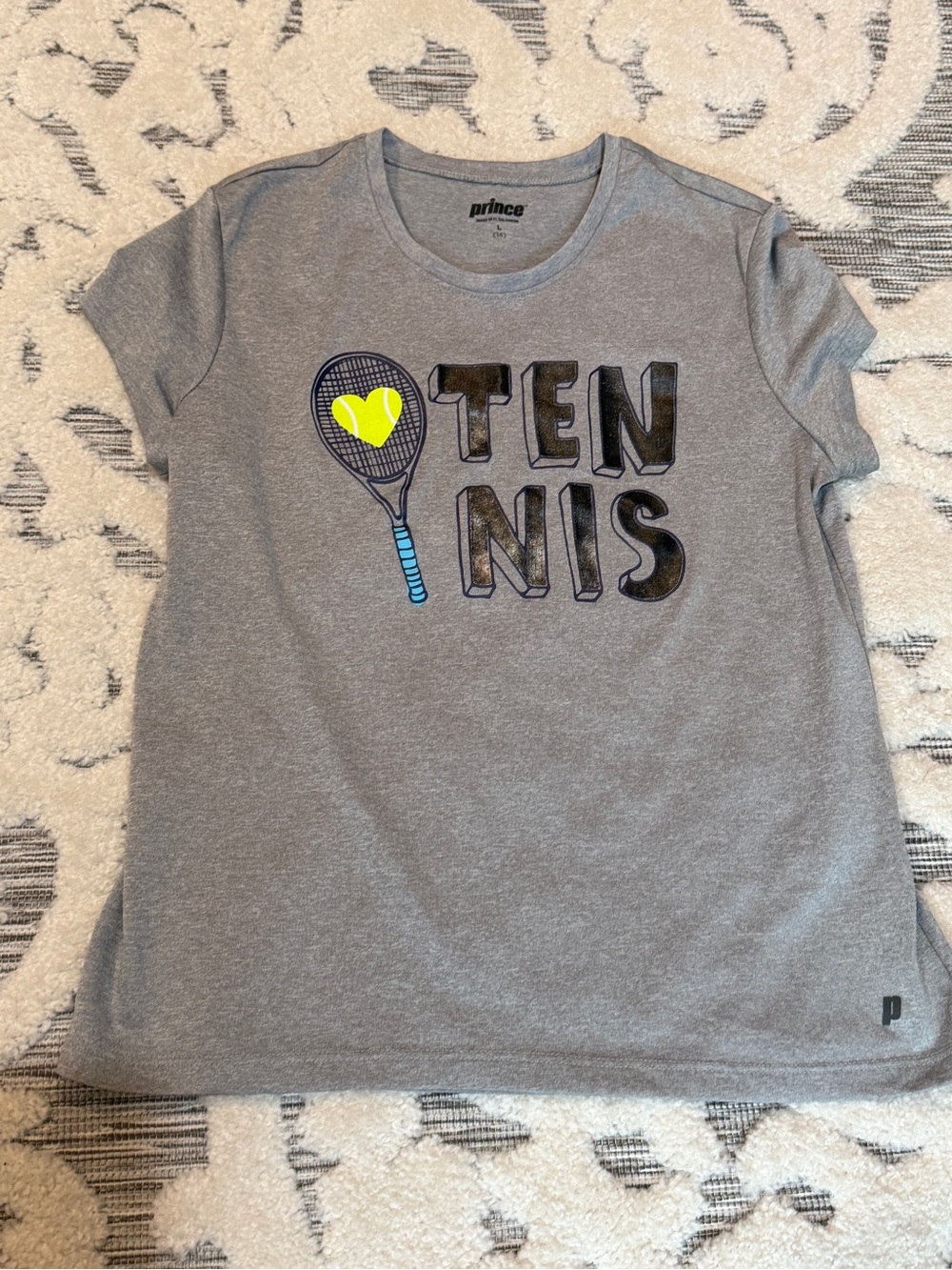 Prince Girls' Gray love Tennis Graphic Tee Sz 14 dri-fit material EUC